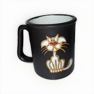 Mexico Studio Art Pottery Cat Kitten Black Coffee Mug Signed 14 Ounces